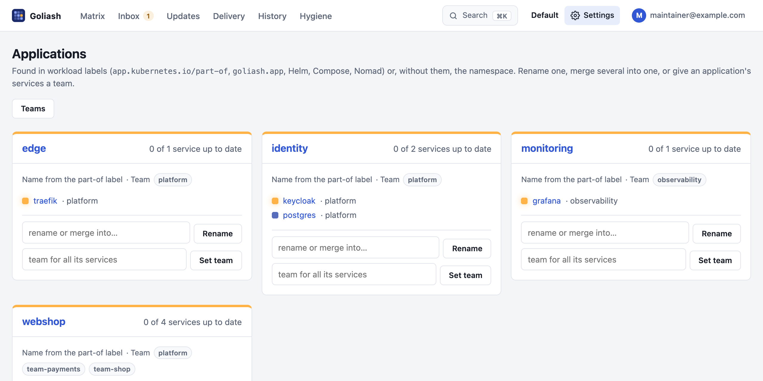 The Applications page: edge, identity, monitoring and webshop as cards, edged in their state’s colour, each with where its name comes from, its team, its services with their state, and fields to rename it or give all its services a team