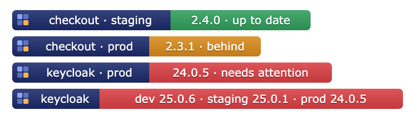 Four badges: checkout in staging 2.4.0 up to date in green, checkout in prod 2.3.1 behind in amber, keycloak in prod 24.0.5 needing attention in red, and keycloak’s version in every environment