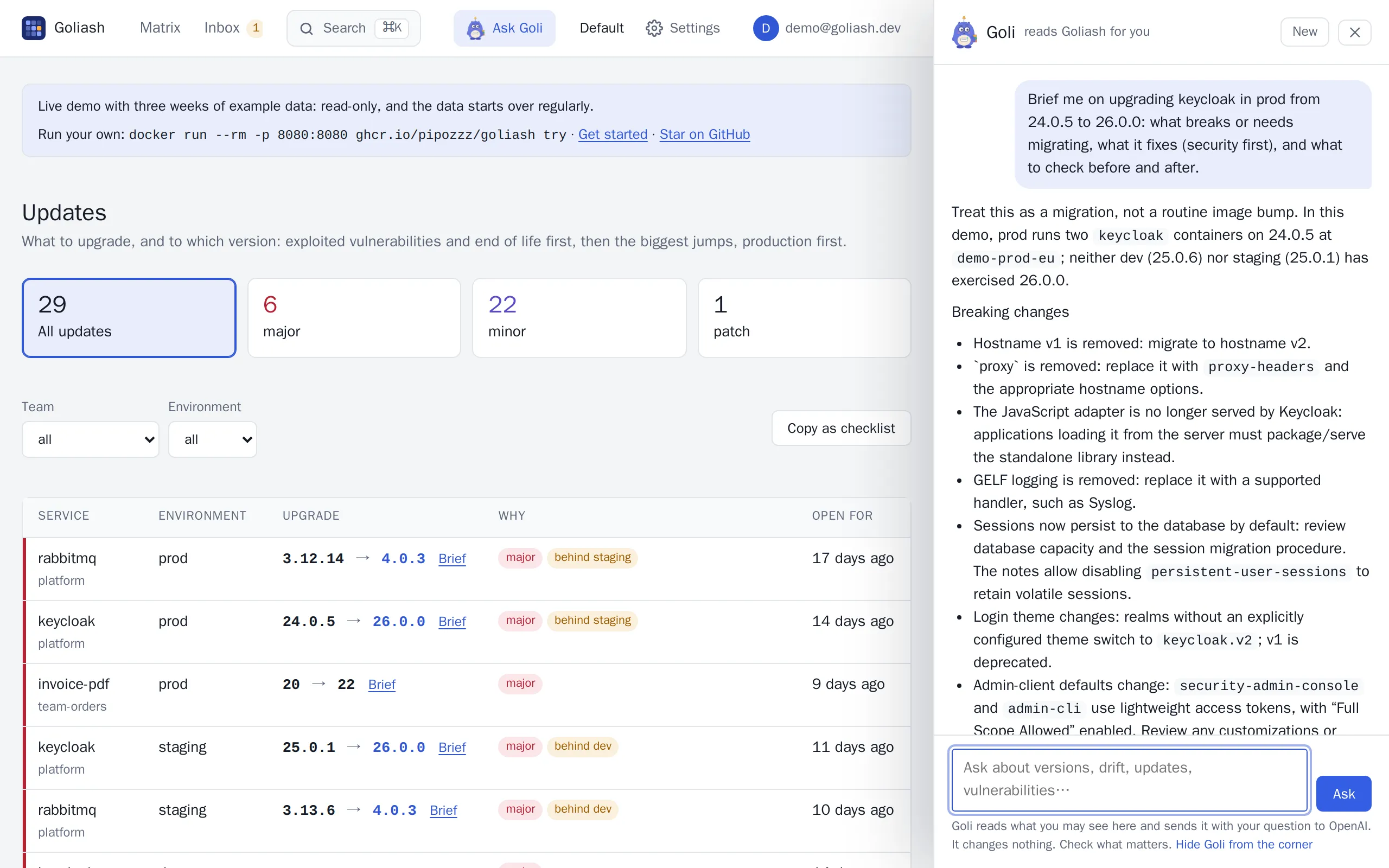 Goli’s panel on the Updates page, briefing keycloak 24.0.5 to 26.0.0: treat it as a migration, then the breaking changes one by one