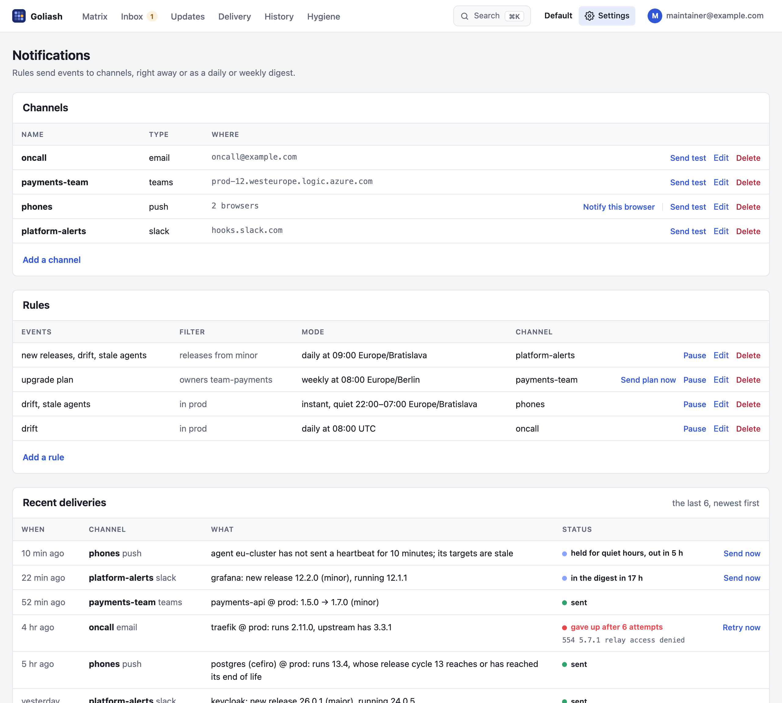 The Notifications page: channels (e-mail, Microsoft Teams, web push with two browsers, Slack), rules with their time zones and quiet hours, and recent deliveries with one held for quiet hours, one in a digest and one that gave up with the mail server’s answer