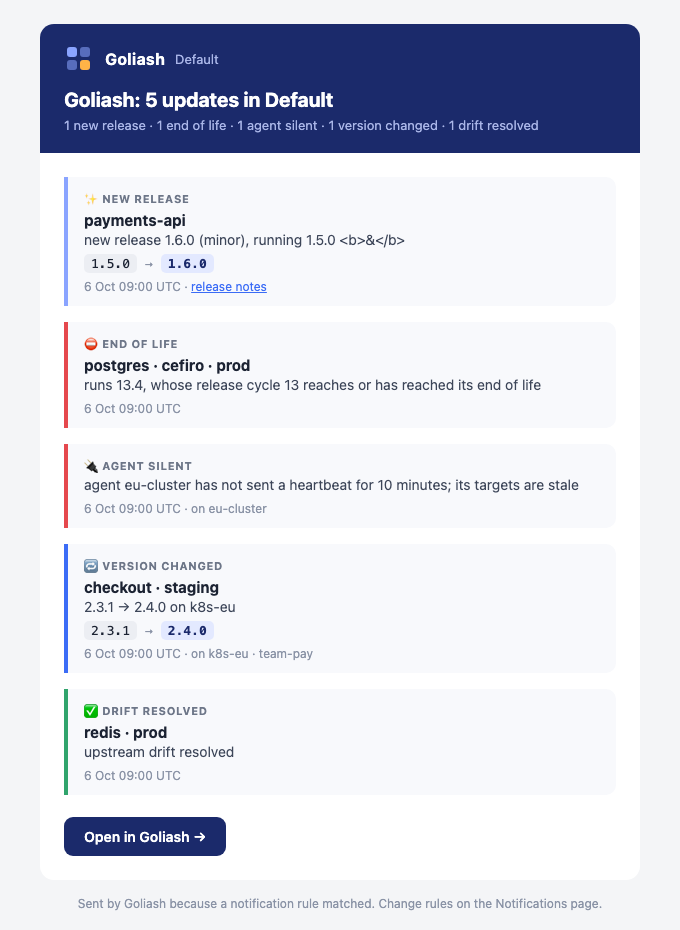 A digest e-mail: a navy header with the count by kind, one card per item with a coloured edge, the versions and a button back to Goliash
