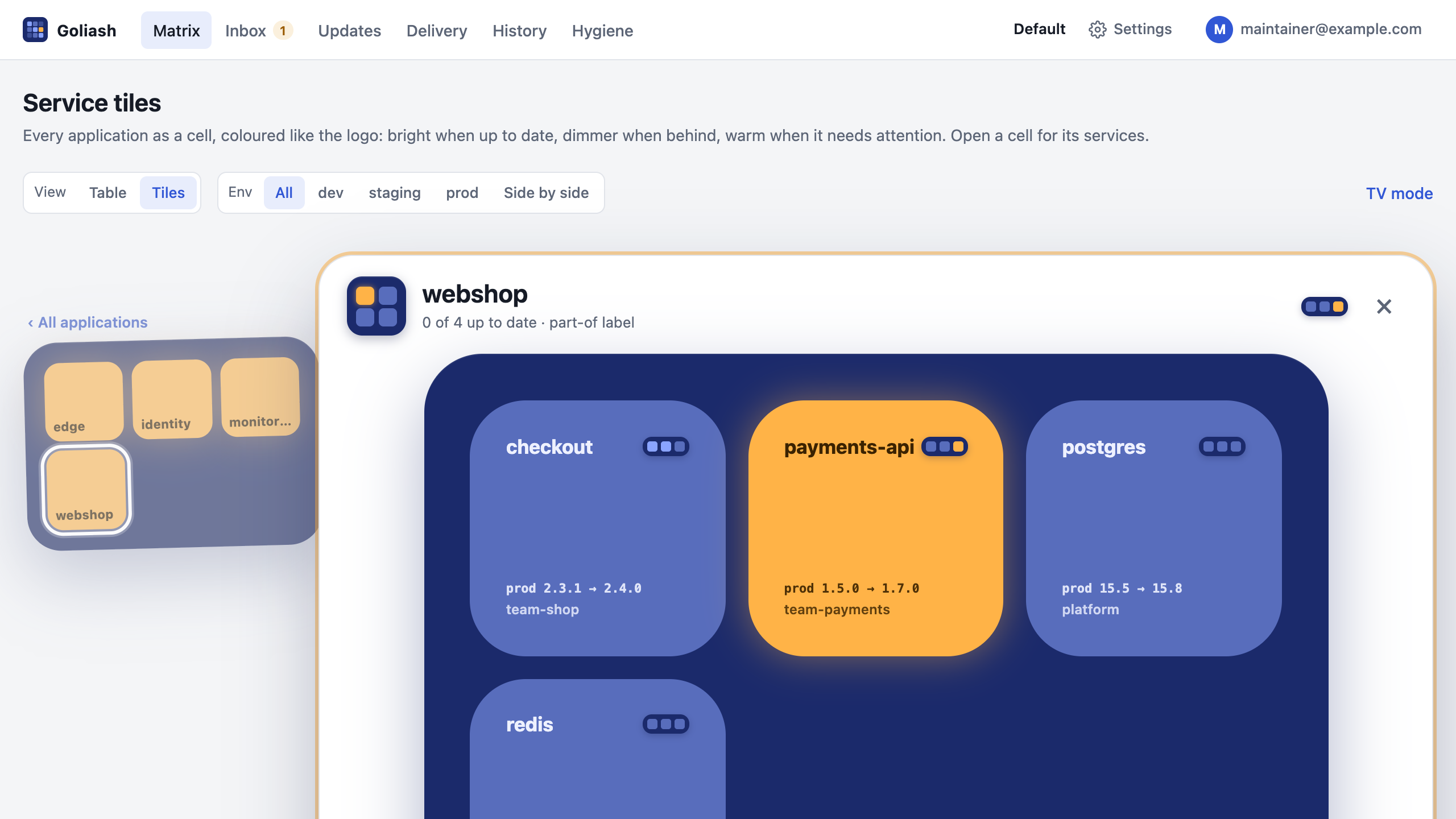 An application’s card laid over the global board: webshop’s services as cells, the board behind dimmed with webshop marked