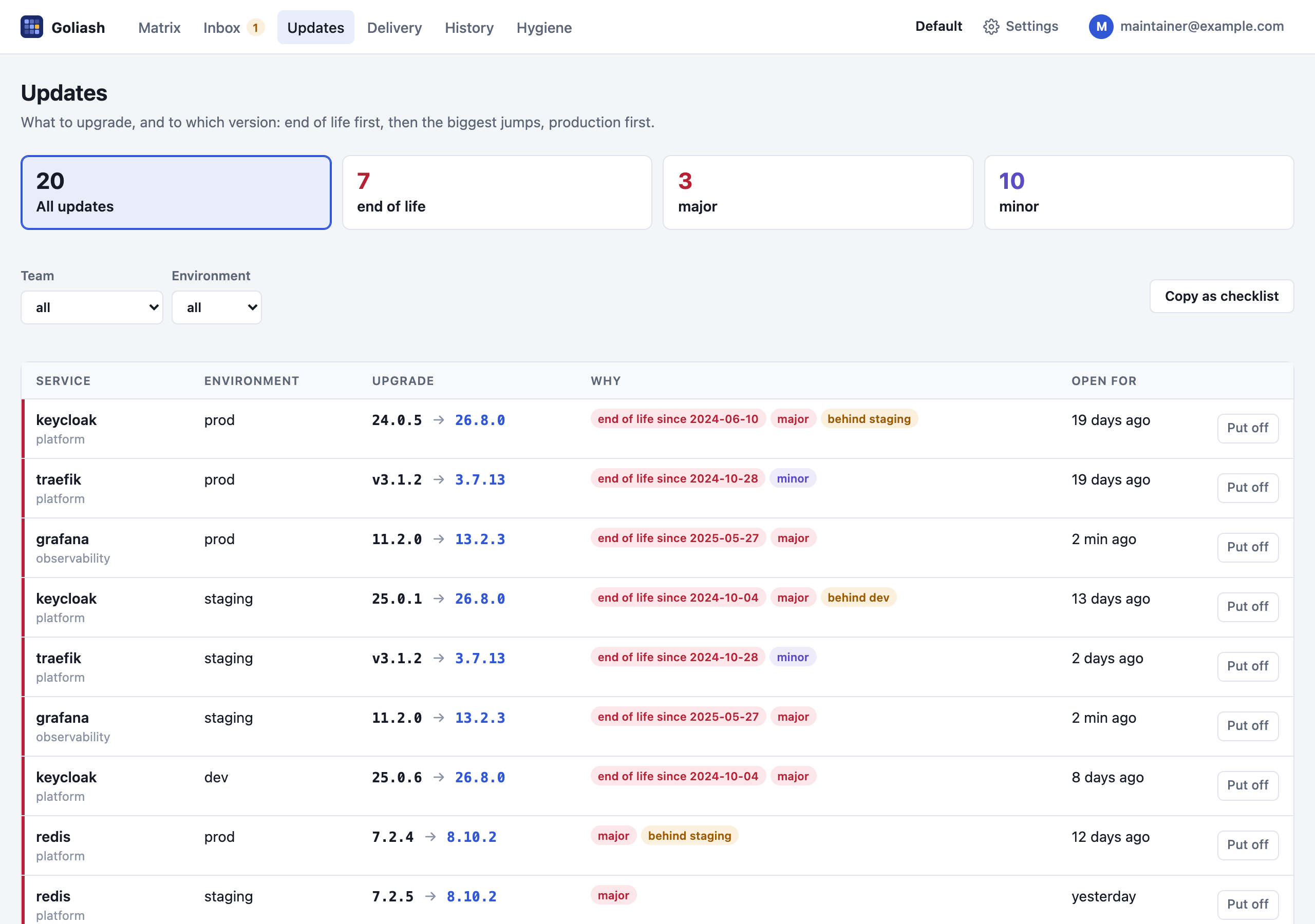 The Updates page: tiles counting end-of-life, major and minor upgrades, and a list of services with the running version, the version to move to, why, and a Put off menu