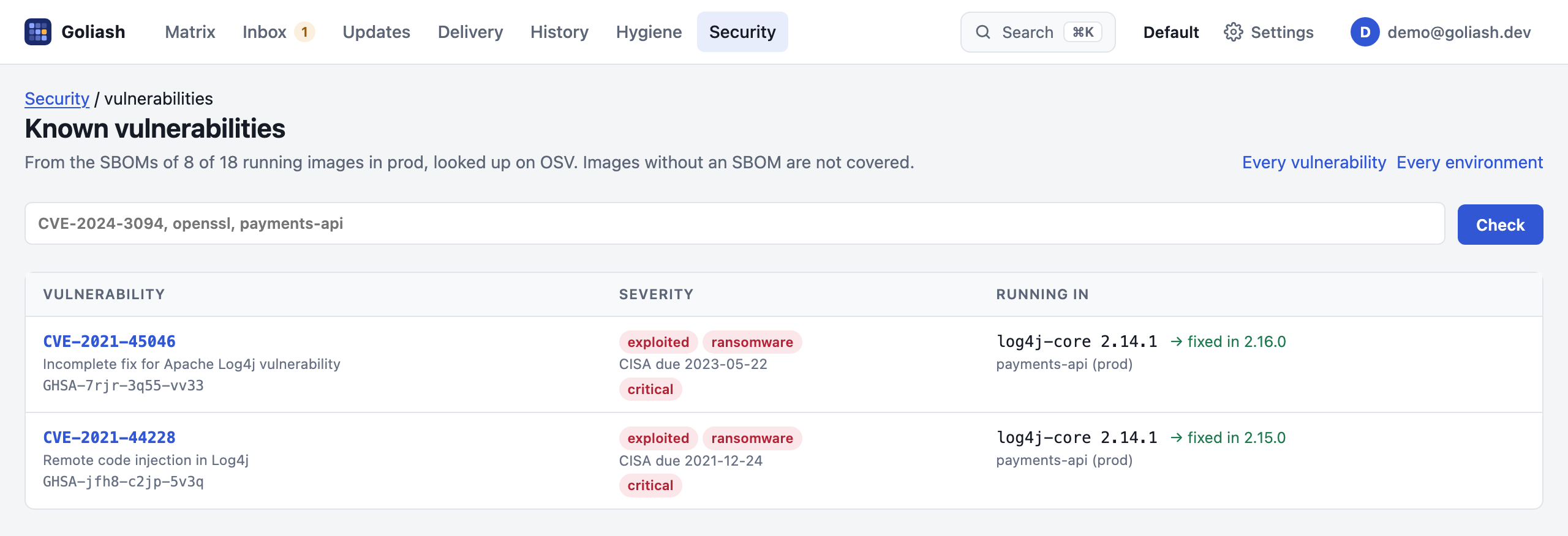 Known vulnerabilities, only those exploited in the wild: two Log4j CVEs marked exploited, ransomware and critical with CISA’s due dates, in log4j-core 2.14.1 of payments-api in prod, fixed in 2.15.0 and 2.16.0