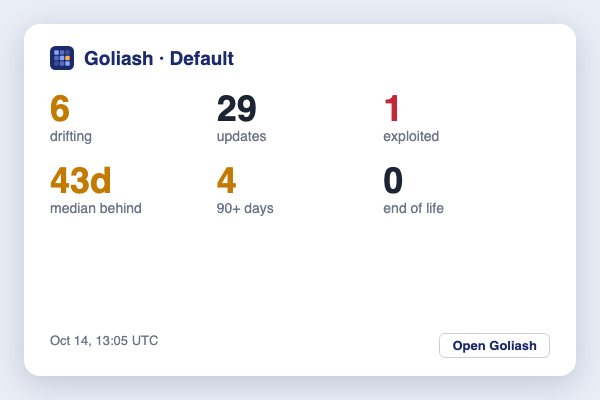 The Goliash widget: 6 drifting, 29 updates, 1 exploited, 43 days median behind, 4 behind 90+ days, 0 end of life